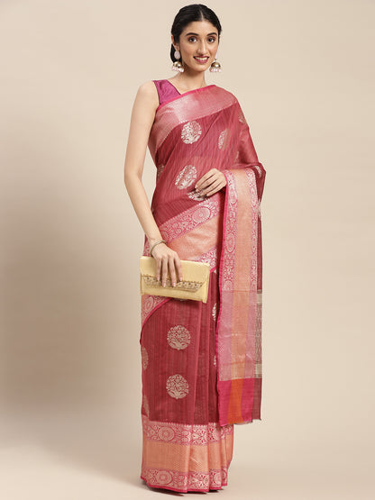 Faishana Presents Handwoven Pink Matka Silk Boota Skirt Border With Magenta Blouse Banarasi Saree