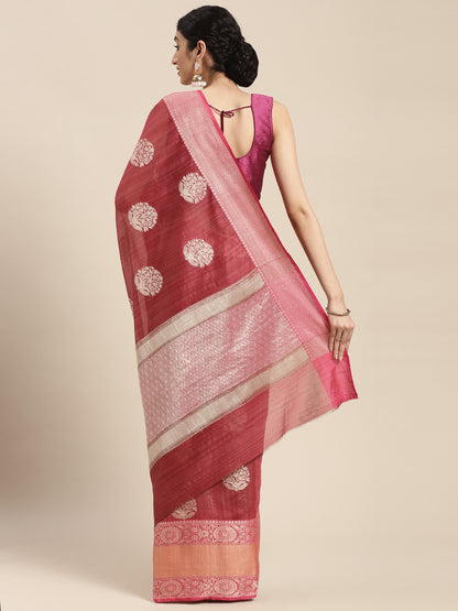Faishana Presents Handwoven Pink Matka Silk Boota Skirt Border With Magenta Blouse Banarasi Saree