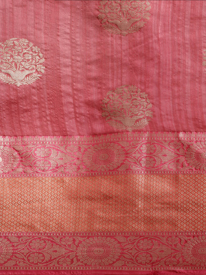 Faishana Presents Handwoven Pink Matka Silk Boota Skirt Border With Magenta Blouse Banarasi Saree
