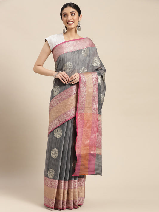 Faishana Presents Handwoven Grey Matka Silk Boota Skirt Border With Grey Blouse Banarasi Saree