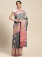 Faishana Presents Handwoven Grey Matka Silk Boota Skirt Border With Grey Blouse Banarasi Saree