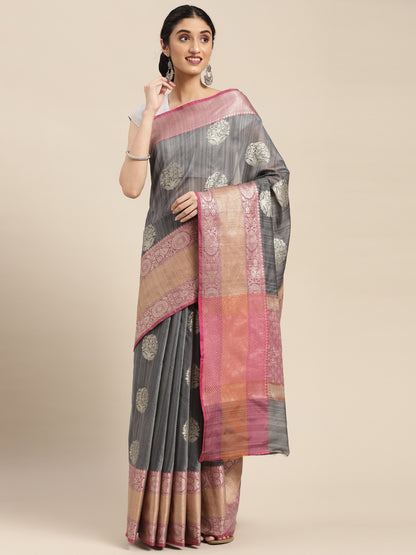 Faishana Presents Handwoven Grey Matka Silk Boota Skirt Border With Grey Blouse Banarasi Saree