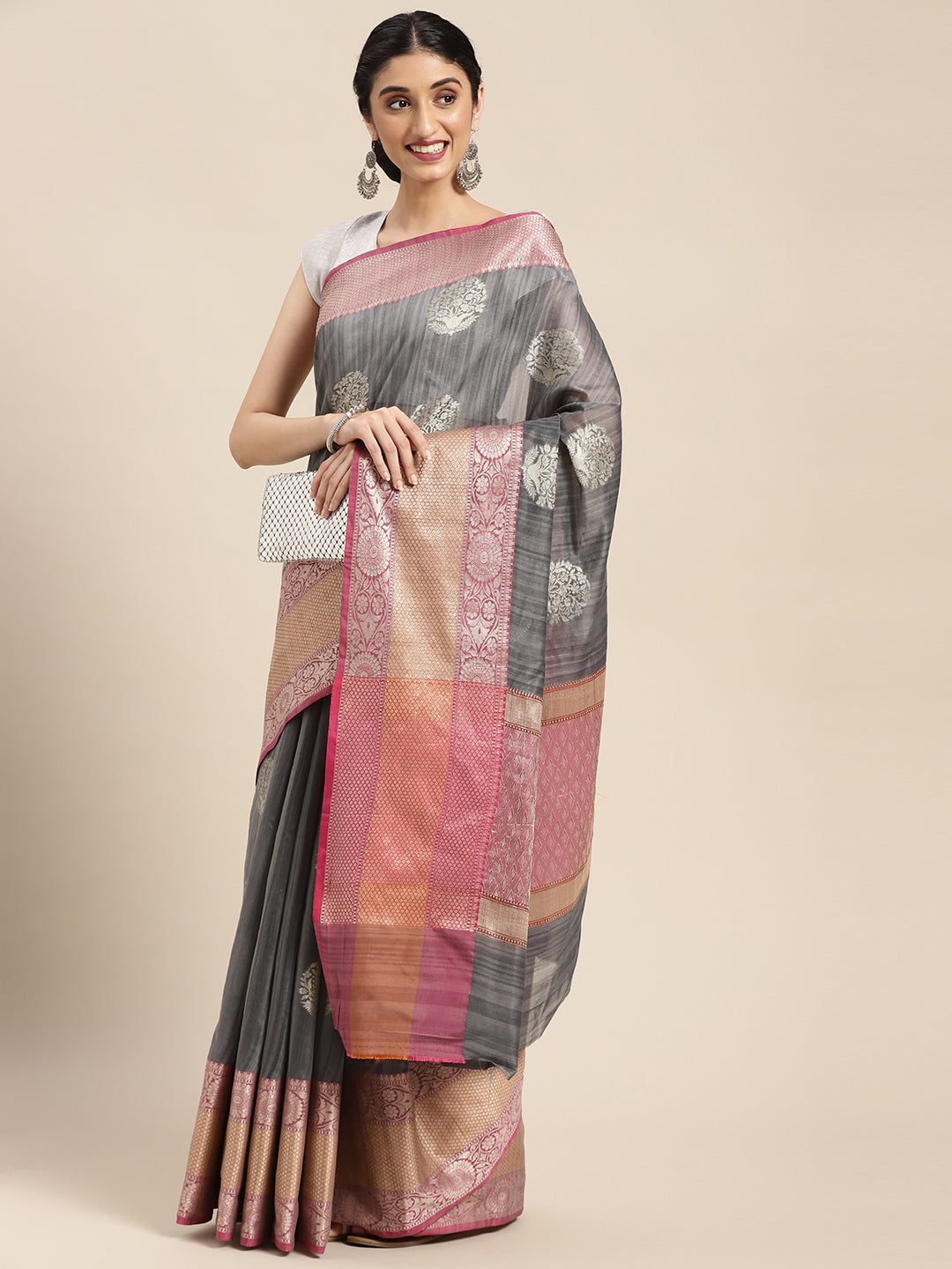 Faishana Presents Handwoven Grey Matka Silk Boota Skirt Border With Grey Blouse Banarasi Saree