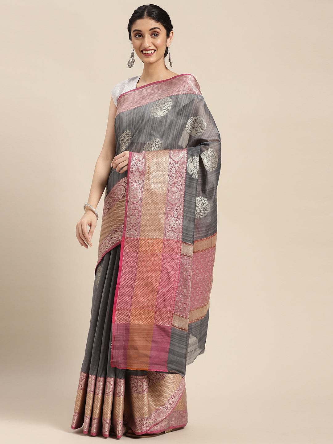 Faishana Presents Handwoven Grey Matka Silk Boota Skirt Border With Grey Blouse Banarasi Saree