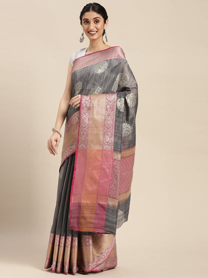 Faishana Presents Handwoven Grey Matka Silk Boota Skirt Border With Grey Blouse Banarasi Saree