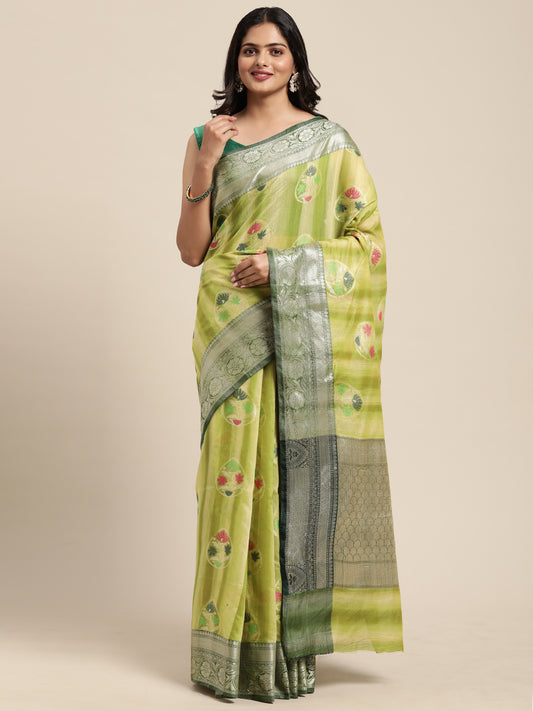 Faishana Presents Handwoven Pistachio Matka Silk Tilfi Boota Zari Border With Mehndi Green Blouse Banarasi Saree