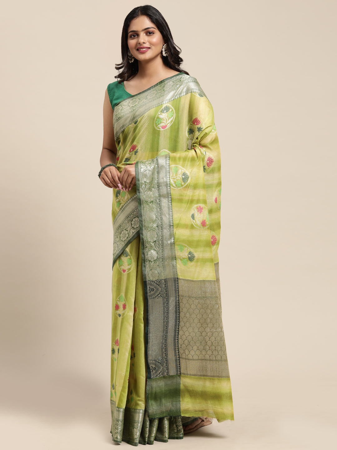 Faishana Presents Handwoven Pistachio Matka Silk Tilfi Boota Zari Border With Mehndi Green Blouse Banarasi Saree