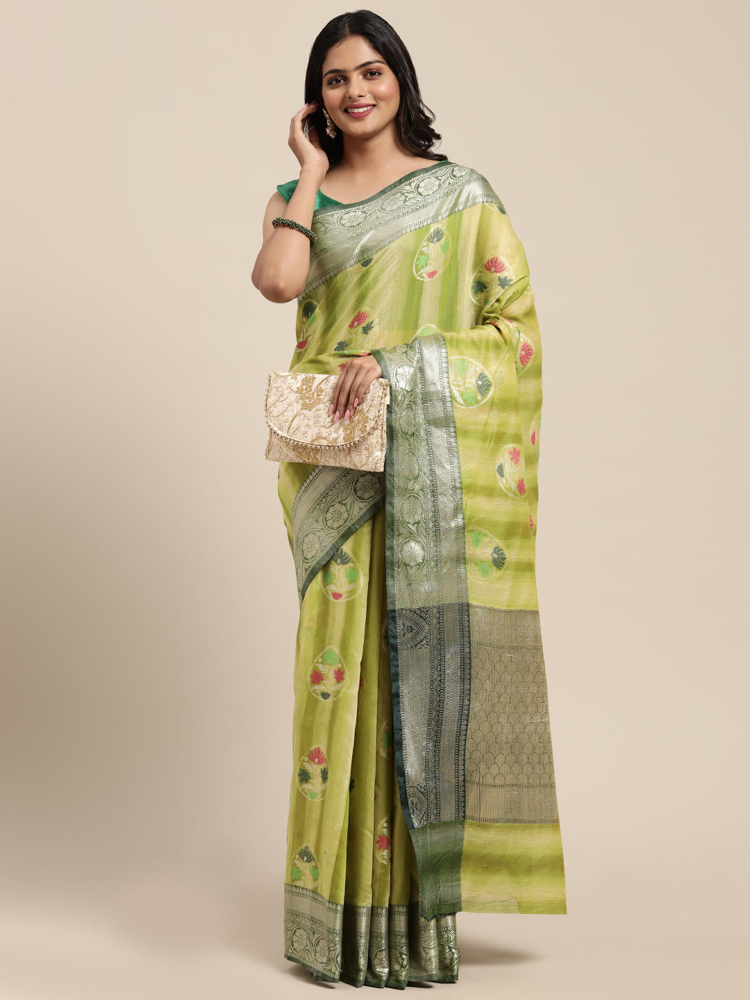 Faishana Presents Handwoven Pistachio Matka Silk Tilfi Boota Zari Border With Mehndi Green Blouse Banarasi Saree