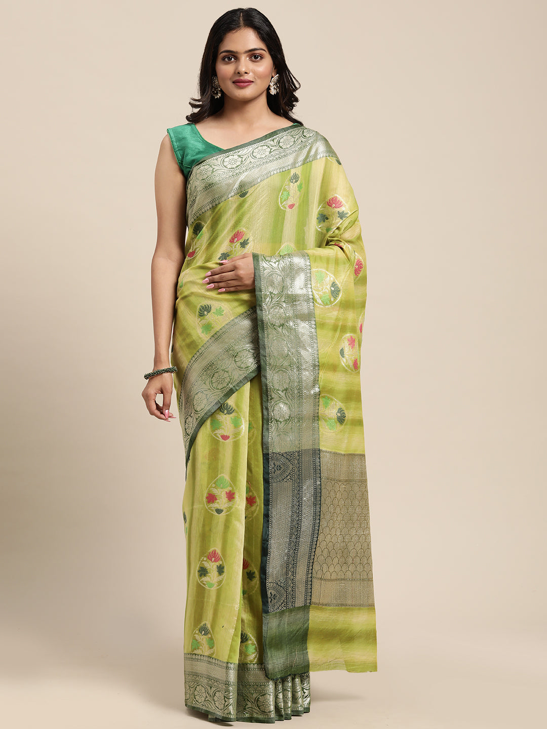 Faishana Presents Handwoven Pistachio Matka Silk Tilfi Boota Zari Border With Mehndi Green Blouse Banarasi Saree