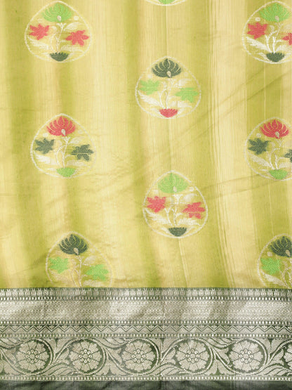 Faishana Presents Handwoven Pistachio Matka Silk Tilfi Boota Zari Border With Mehndi Green Blouse Banarasi Saree