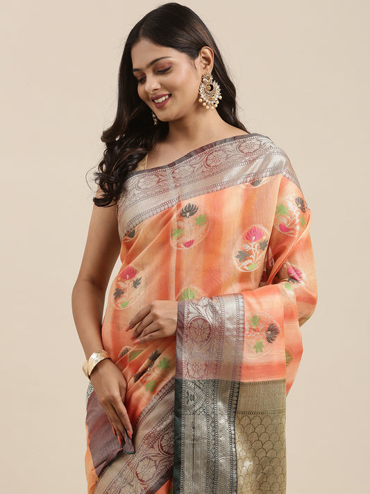 Faishana Presents Handwoven Peach Matka Silk Tilfi Boota Zari Border With Mehndi Green Blouse Banarasi Saree
