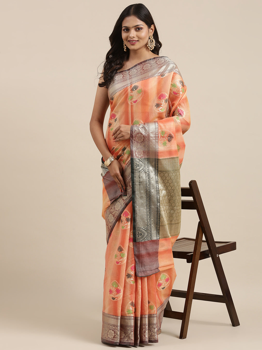 Faishana Presents Handwoven Peach Matka Silk Tilfi Boota Zari Border With Mehndi Green Blouse Banarasi Saree
