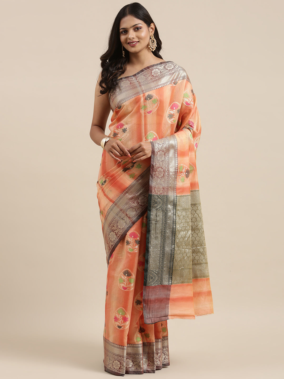 Faishana Presents Handwoven Peach Matka Silk Tilfi Boota Zari Border With Mehndi Green Blouse Banarasi Saree