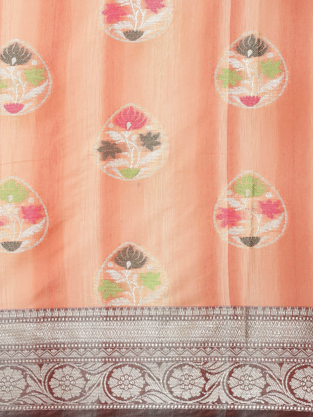 Faishana Presents Handwoven Peach Matka Silk Tilfi Boota Zari Border With Mehndi Green Blouse Banarasi Saree