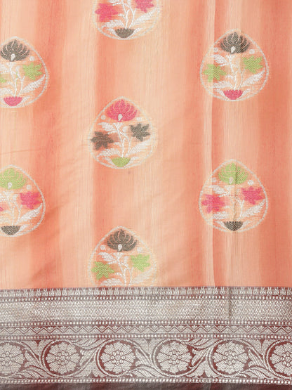 Faishana Presents Handwoven Peach Matka Silk Tilfi Boota Zari Border With Mehndi Green Blouse Banarasi Saree