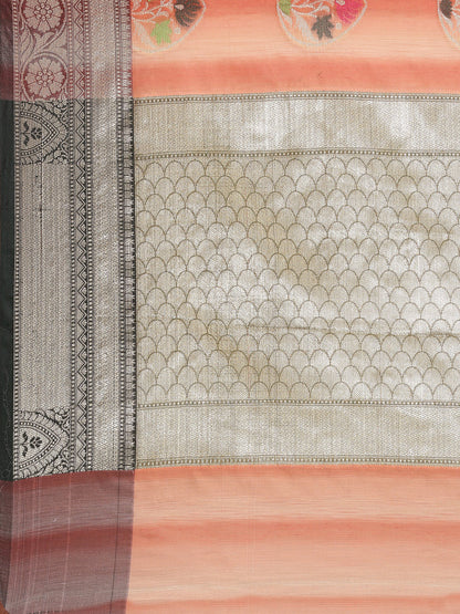 Faishana Presents Handwoven Peach Matka Silk Tilfi Boota Zari Border With Mehndi Green Blouse Banarasi Saree
