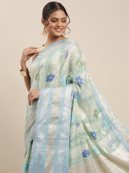 Faishana Presents Handwoven Torquoise Blue Matka Silk Tilfi Jaal Skirt Border With Grey Blouse Banarasi Saree