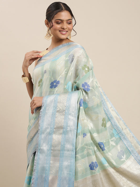 Faishana Presents Handwoven Torquoise Blue Matka Silk Tilfi Jaal Skirt Border With Grey Blouse Banarasi Saree