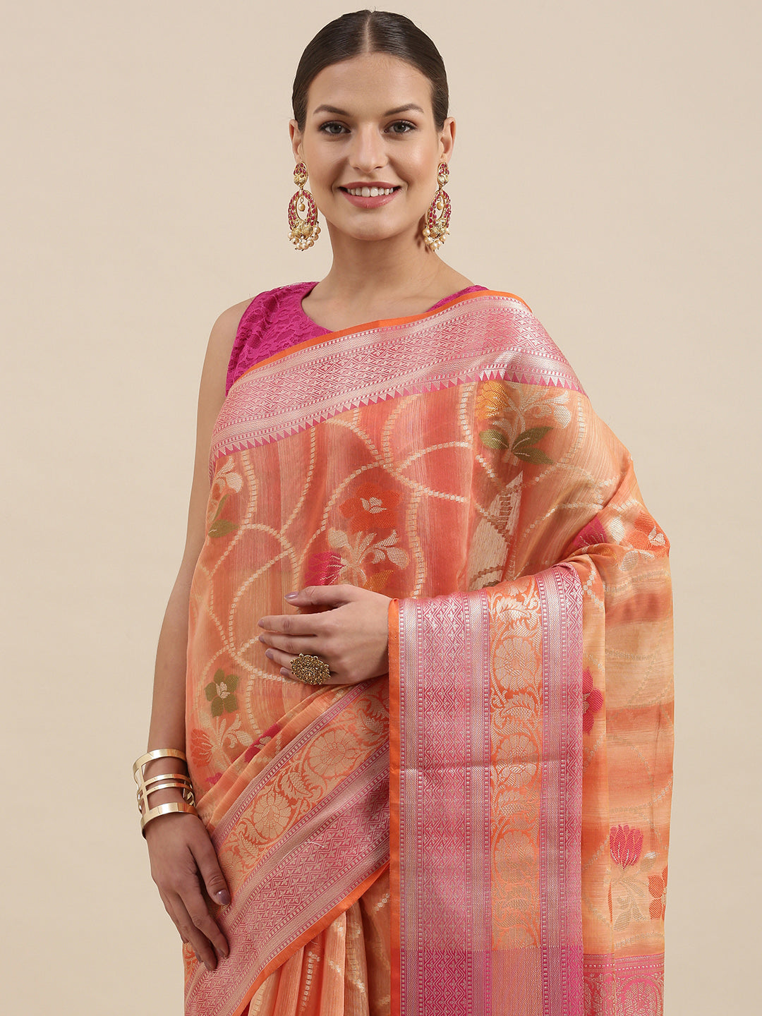Faishana Presents Handwoven Peach Matka Silk Alfi Jaal Skirt Border With Orange Blouse Banarasi Saree