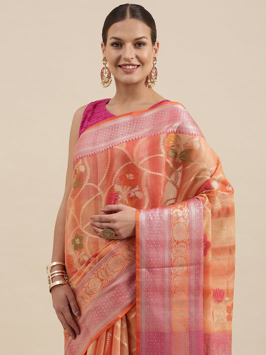 Faishana Presents Handwoven Peach Matka Silk Alfi Jaal Skirt Border With Orange Blouse Banarasi Saree
