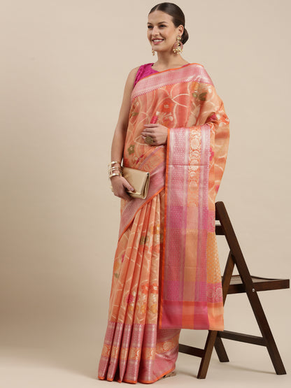 Faishana Presents Handwoven Peach Matka Silk Alfi Jaal Skirt Border With Orange Blouse Banarasi Saree