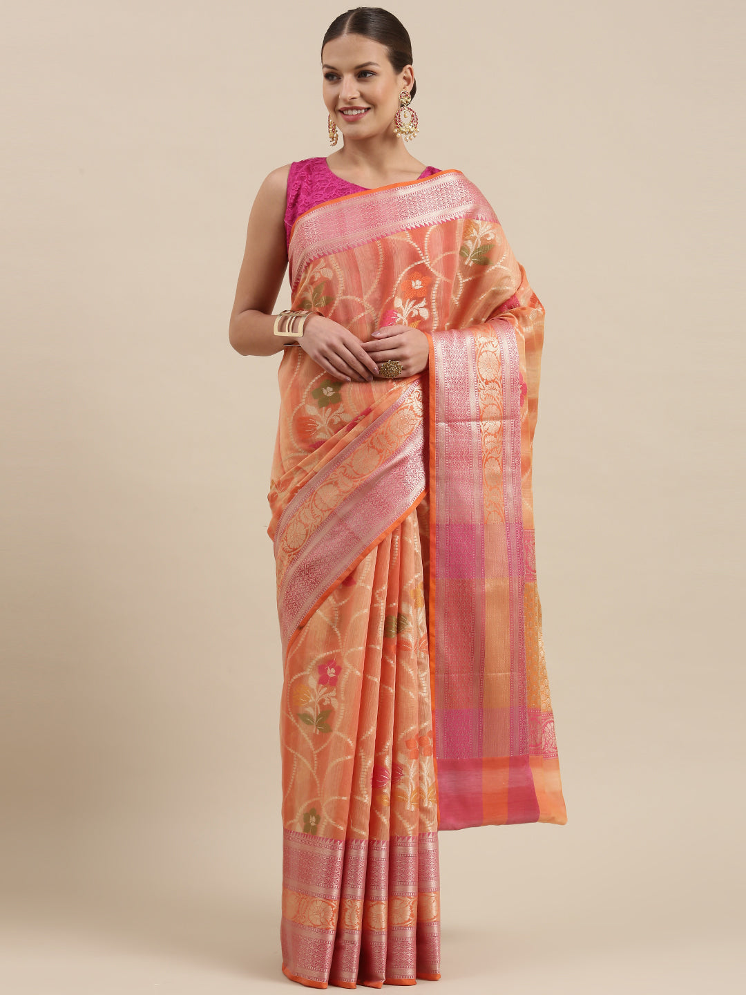 Faishana Presents Handwoven Peach Matka Silk Alfi Jaal Skirt Border With Orange Blouse Banarasi Saree