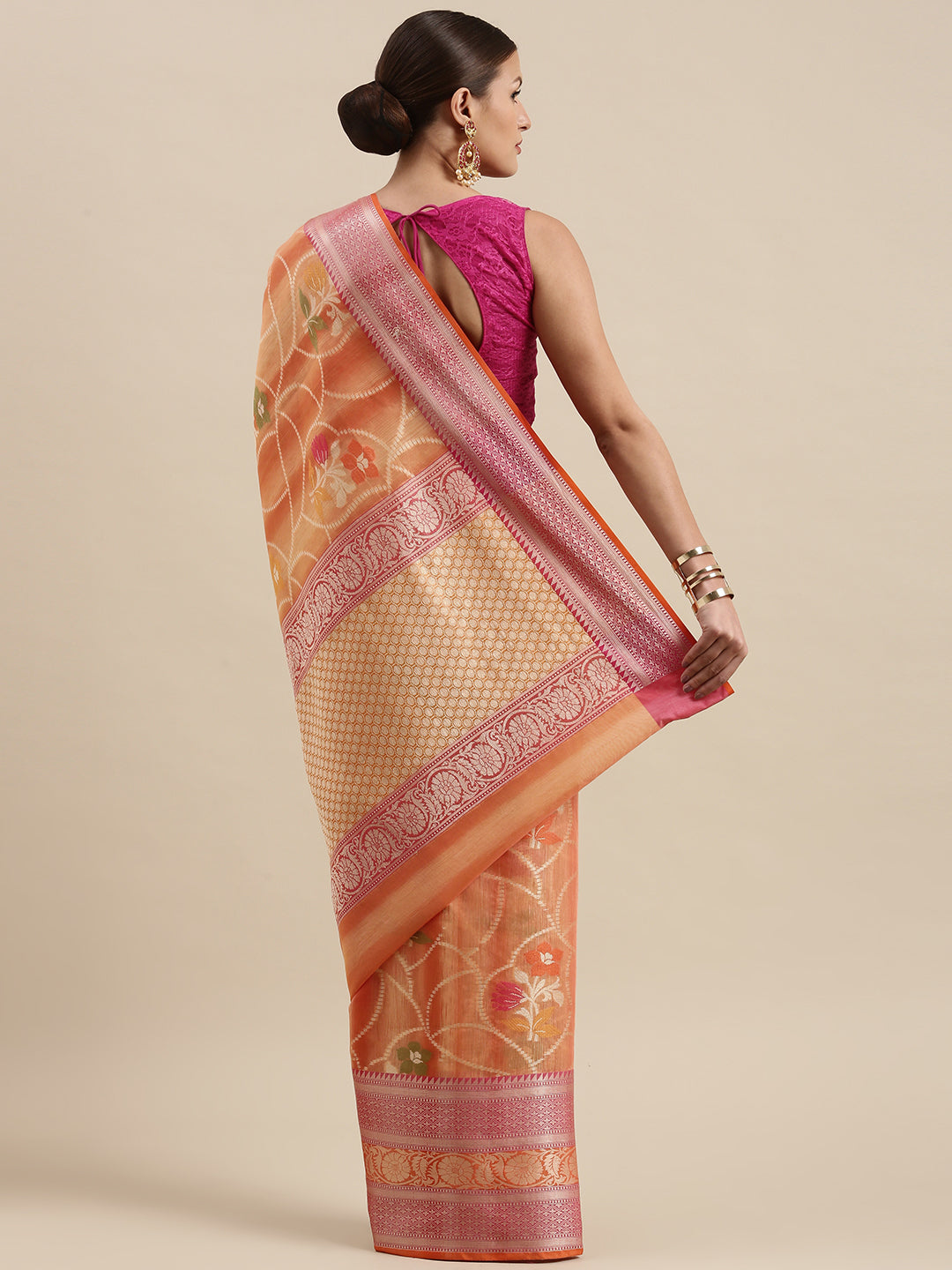 Faishana Presents Handwoven Peach Matka Silk Alfi Jaal Skirt Border With Orange Blouse Banarasi Saree