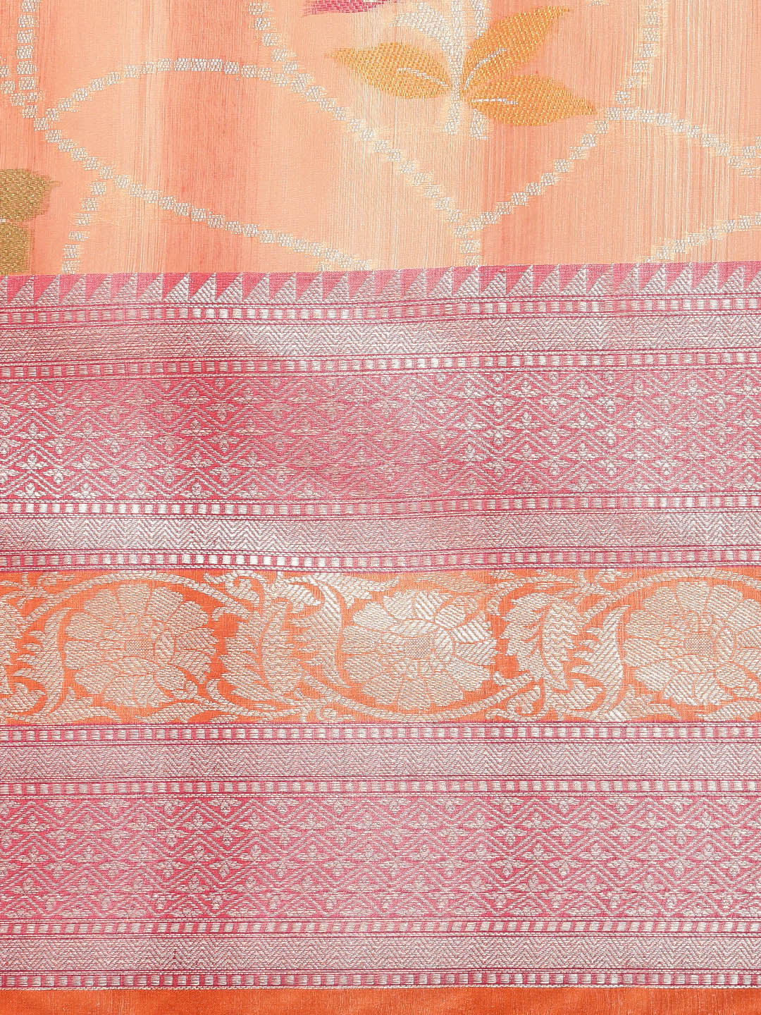 Faishana Presents Handwoven Peach Matka Silk Alfi Jaal Skirt Border With Orange Blouse Banarasi Saree