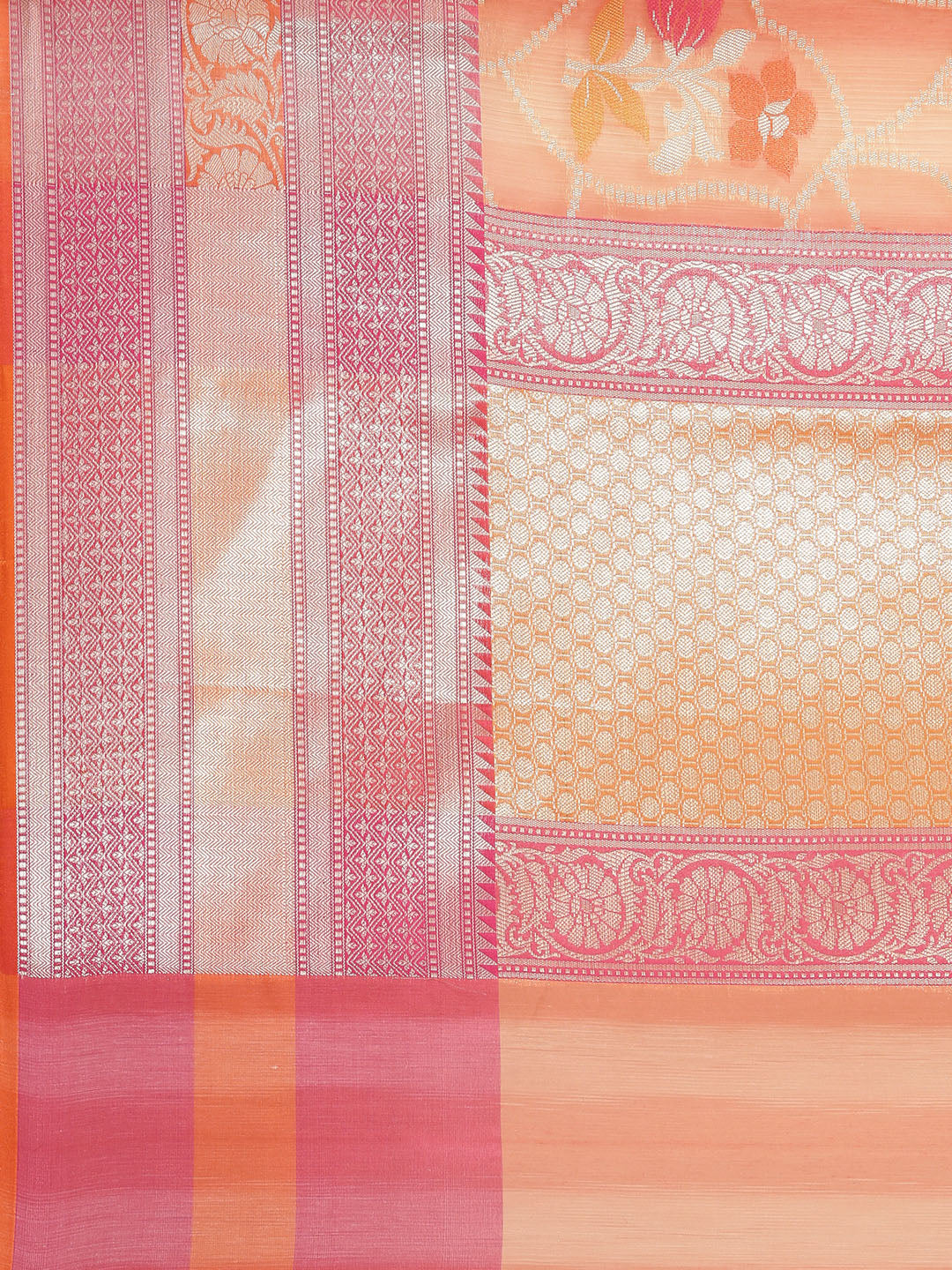 Faishana Presents Handwoven Peach Matka Silk Alfi Jaal Skirt Border With Orange Blouse Banarasi Saree