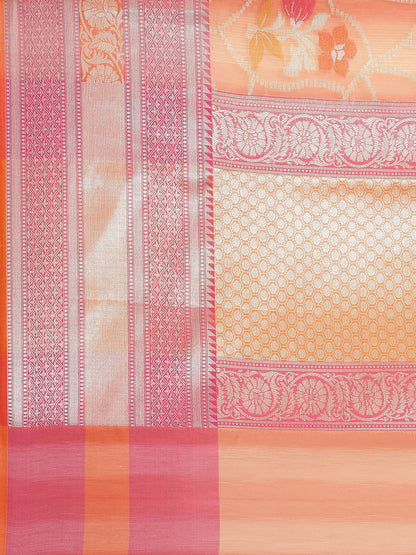Faishana Presents Handwoven Peach Matka Silk Alfi Jaal Skirt Border With Orange Blouse Banarasi Saree