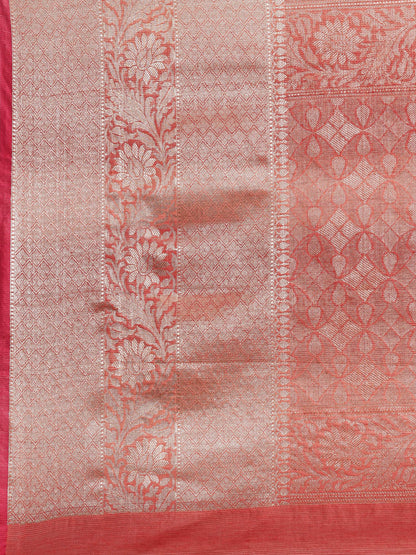 Faishana Presents Handwoven Red Matka Silk Boota Skirt Border With Red Blouse Banarasi Saree