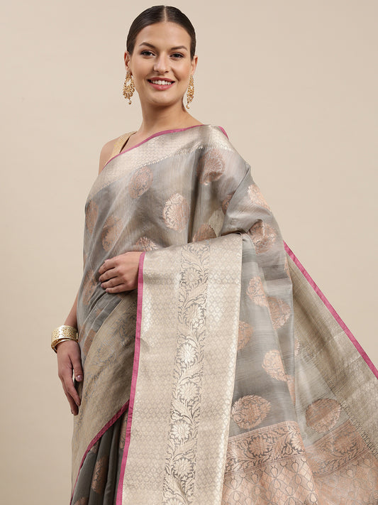 Faishana Presents Handwoven Grey Matka Silk Boota Skirt Border With Grey Blouse Banarasi Saree