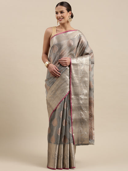 Faishana Presents Handwoven Grey Matka Silk Boota Skirt Border With Grey Blouse Banarasi Saree