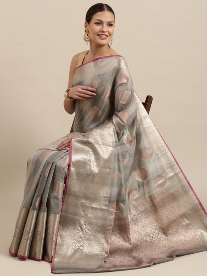 Faishana Presents Handwoven Grey Matka Silk Boota Skirt Border With Grey Blouse Banarasi Saree