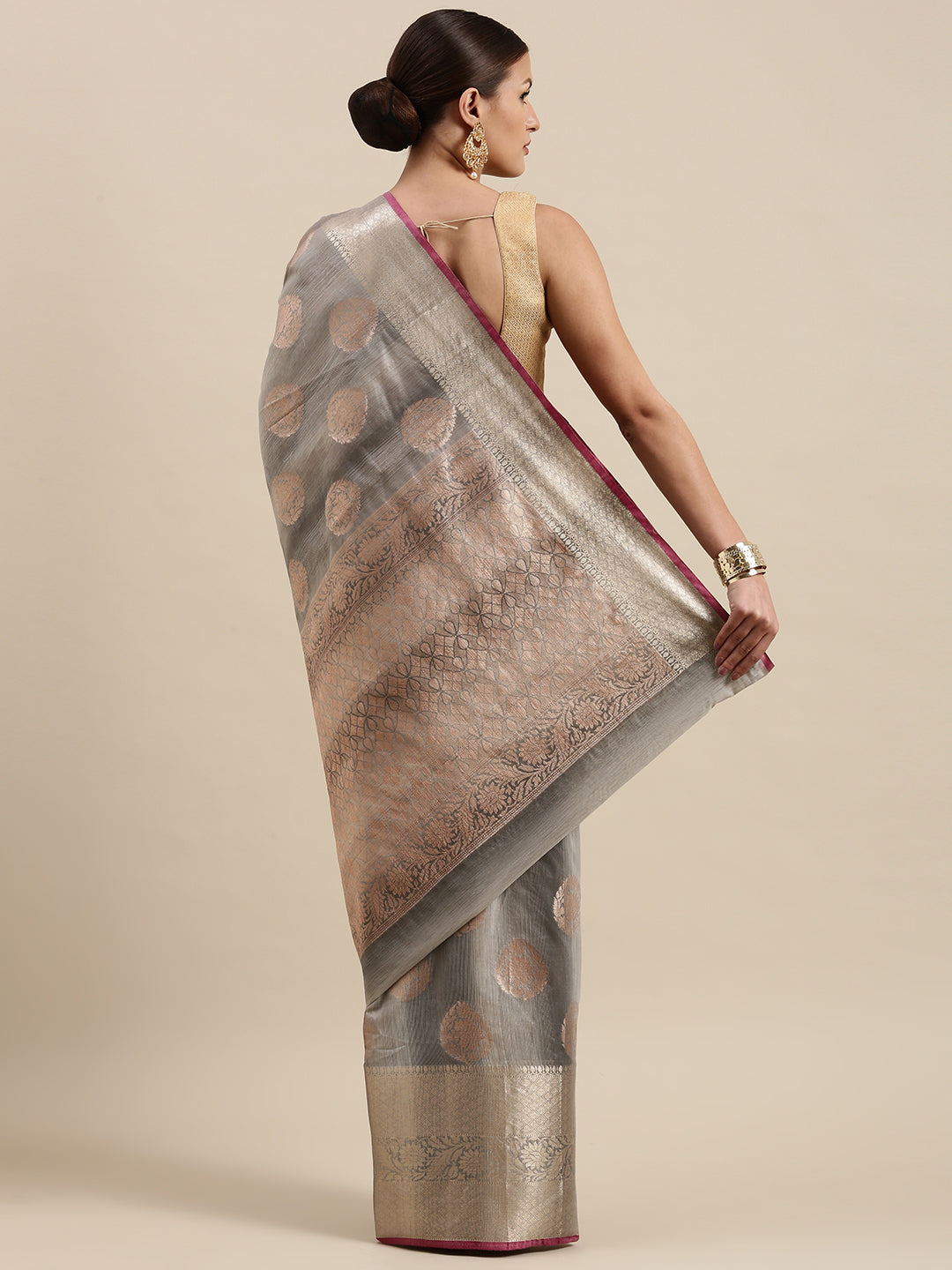 Faishana Presents Handwoven Grey Matka Silk Boota Skirt Border With Grey Blouse Banarasi Saree