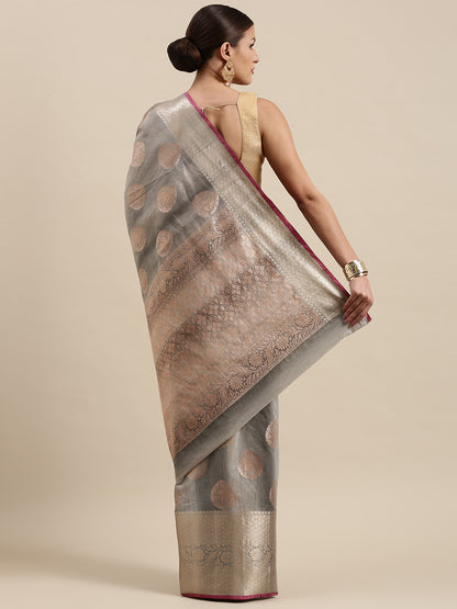 Faishana Presents Handwoven Grey Matka Silk Boota Skirt Border With Grey Blouse Banarasi Saree