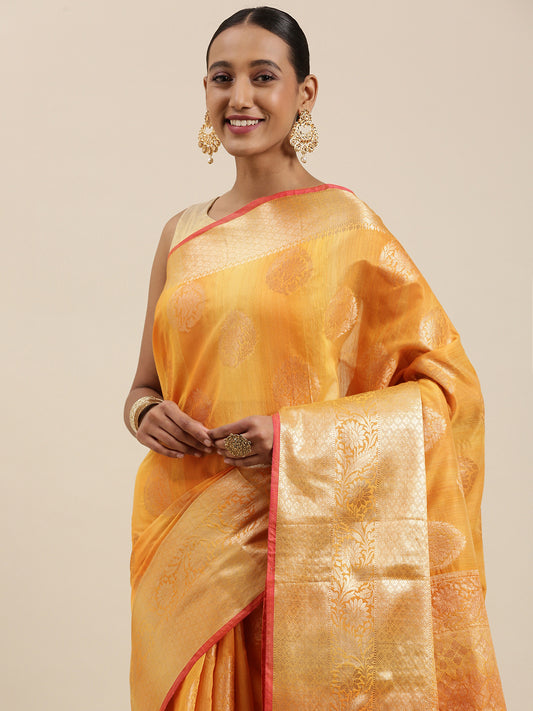 Faishana Presents Handwoven Gold Matka Silk Boota Skirt Border With Gold Blouse Banarasi Saree