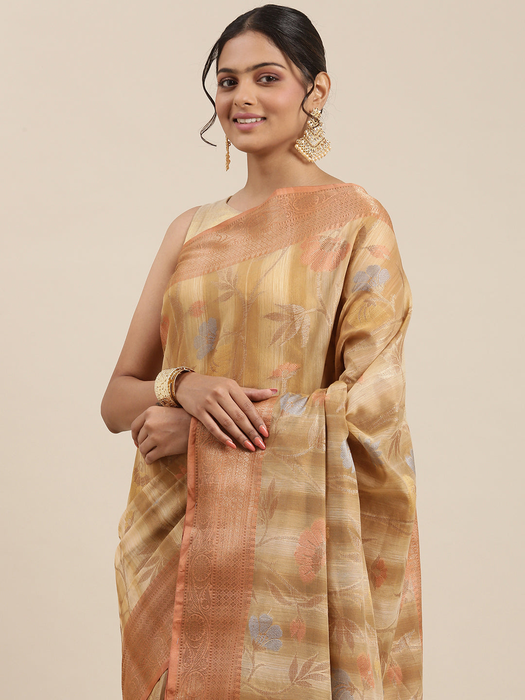 Faishana Presents Handwoven Brown Matka Silk Tilfi Jaal Zari Border With Brown Blouse Banarasi Saree