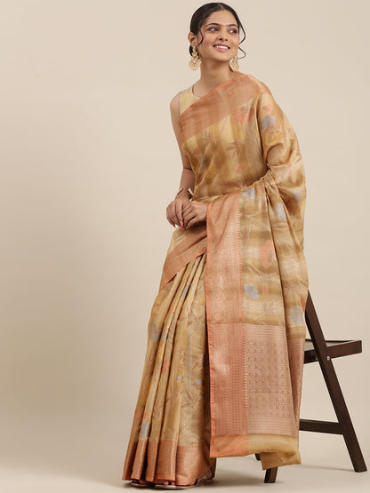 Faishana Presents Handwoven Brown Matka Silk Tilfi Jaal Zari Border With Brown Blouse Banarasi Saree