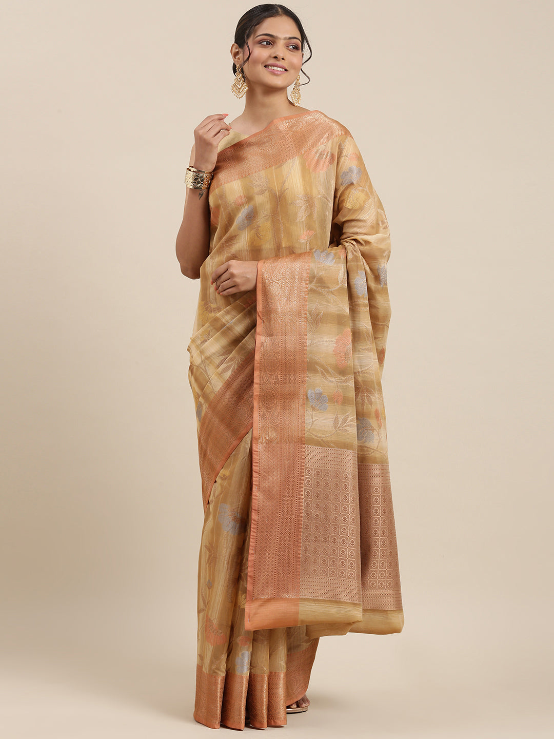 Faishana Presents Handwoven Brown Matka Silk Tilfi Jaal Zari Border With Brown Blouse Banarasi Saree