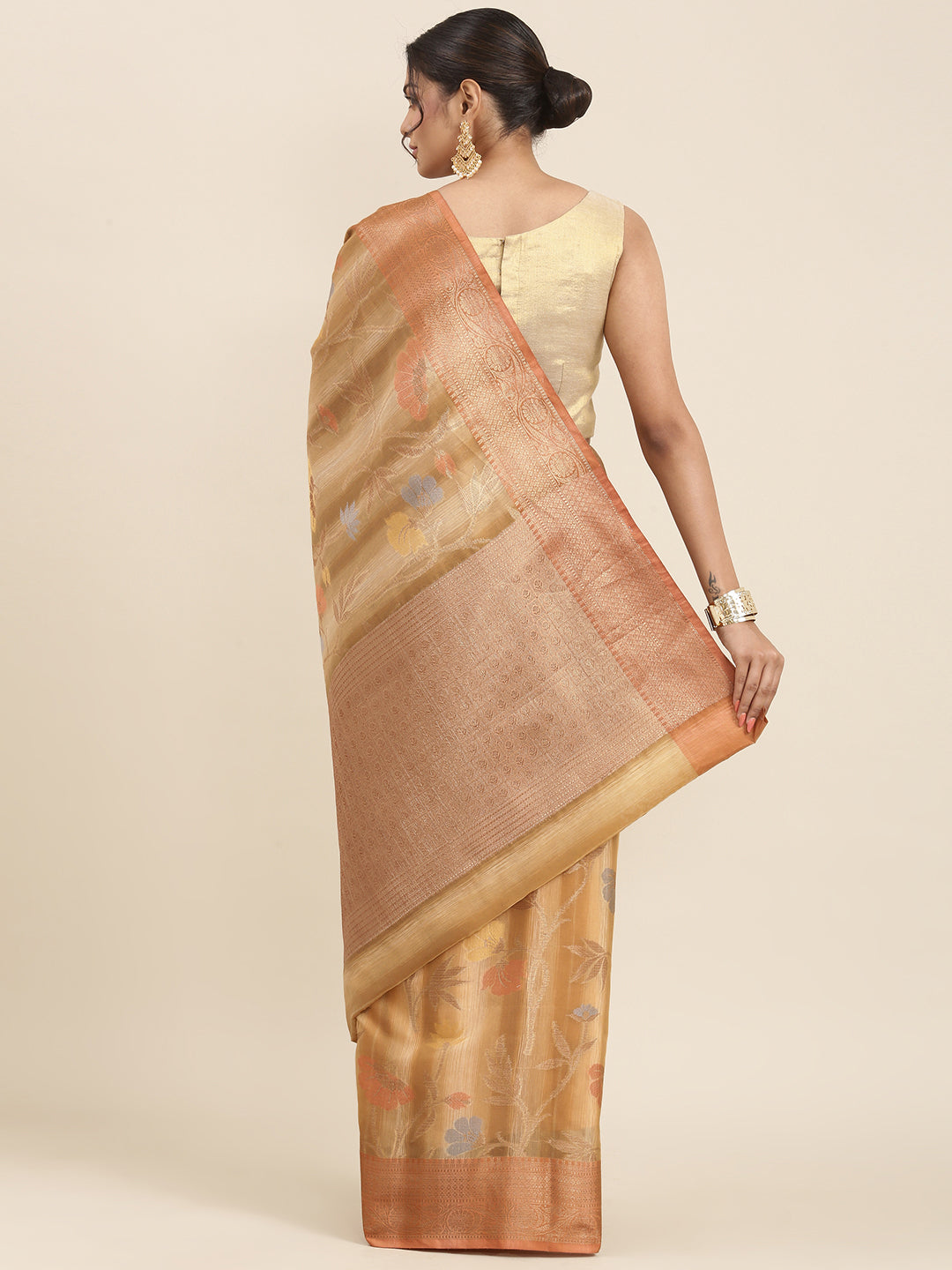 Faishana Presents Handwoven Brown Matka Silk Tilfi Jaal Zari Border With Brown Blouse Banarasi Saree