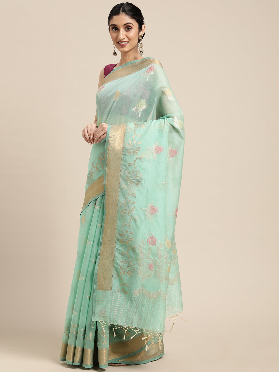 Faishana Presents Seagreen Masrise Cotton Tilfi Boota Alfi Skirt Border Banarasi Saree With Sea green Blouse Banarasi Saree