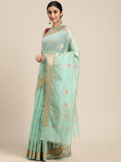 Faishana Presents Seagreen Masrise Cotton Tilfi Boota Alfi Skirt Border Banarasi Saree With Sea green Blouse Banarasi Saree
