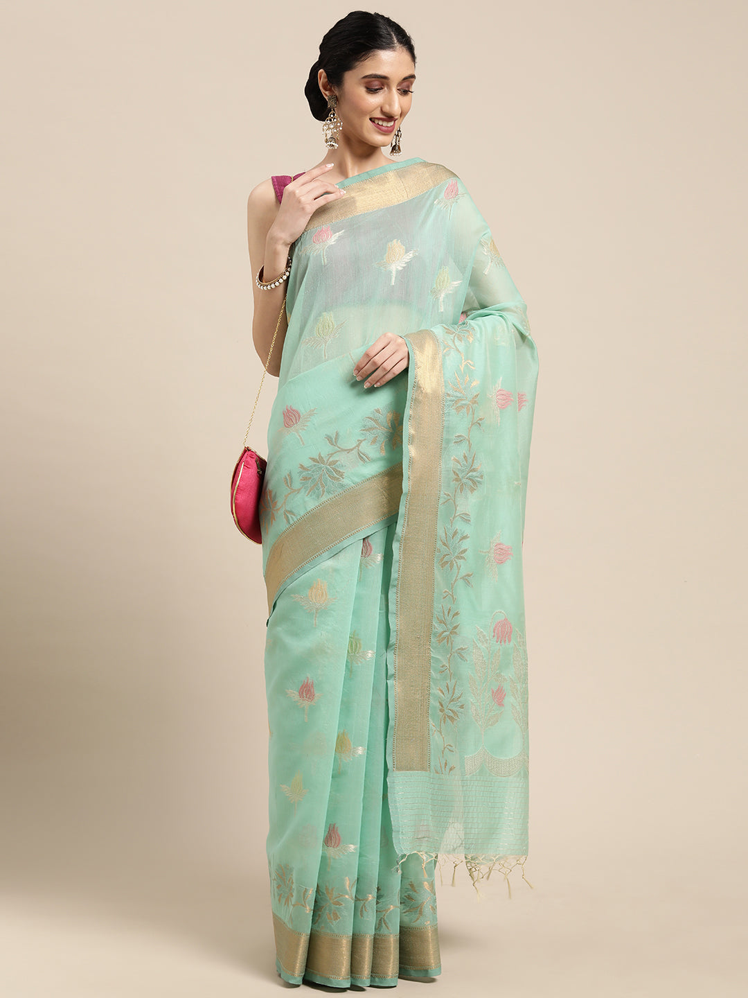 Faishana Presents Seagreen Masrise Cotton Tilfi Boota Alfi Skirt Border Banarasi Saree With Sea green Blouse Banarasi Saree