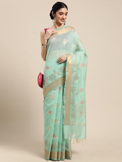 Faishana Presents Seagreen Masrise Cotton Tilfi Boota Alfi Skirt Border Banarasi Saree With Sea green Blouse Banarasi Saree