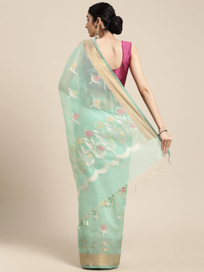 Faishana Presents Seagreen Masrise Cotton Tilfi Boota Alfi Skirt Border Banarasi Saree With Sea green Blouse Banarasi Saree