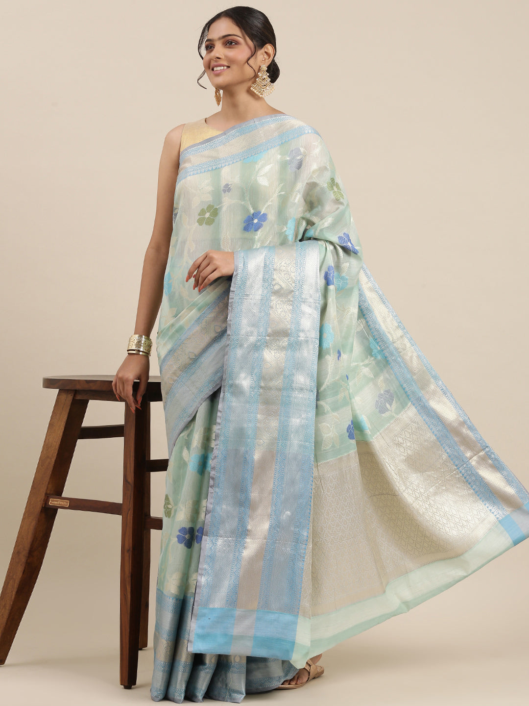 Faishana Presents Handwoven Torquoise Blue Matka Silk Tilfi Jaal Skirt Border With Grey Blouse Banarasi Saree