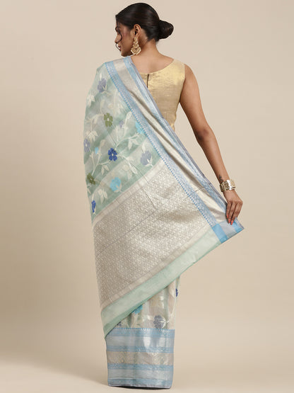 Faishana Presents Handwoven Torquoise Blue Matka Silk Tilfi Jaal Skirt Border With Grey Blouse Banarasi Saree