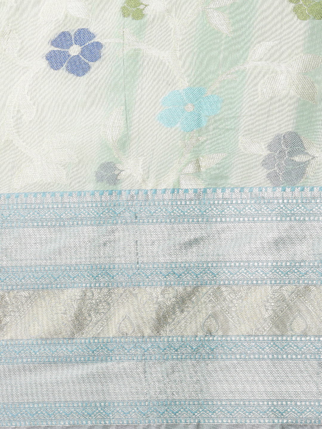 Faishana Presents Handwoven Torquoise Blue Matka Silk Tilfi Jaal Skirt Border With Grey Blouse Banarasi Saree