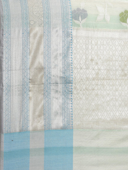 Faishana Presents Handwoven Torquoise Blue Matka Silk Tilfi Jaal Skirt Border With Grey Blouse Banarasi Saree